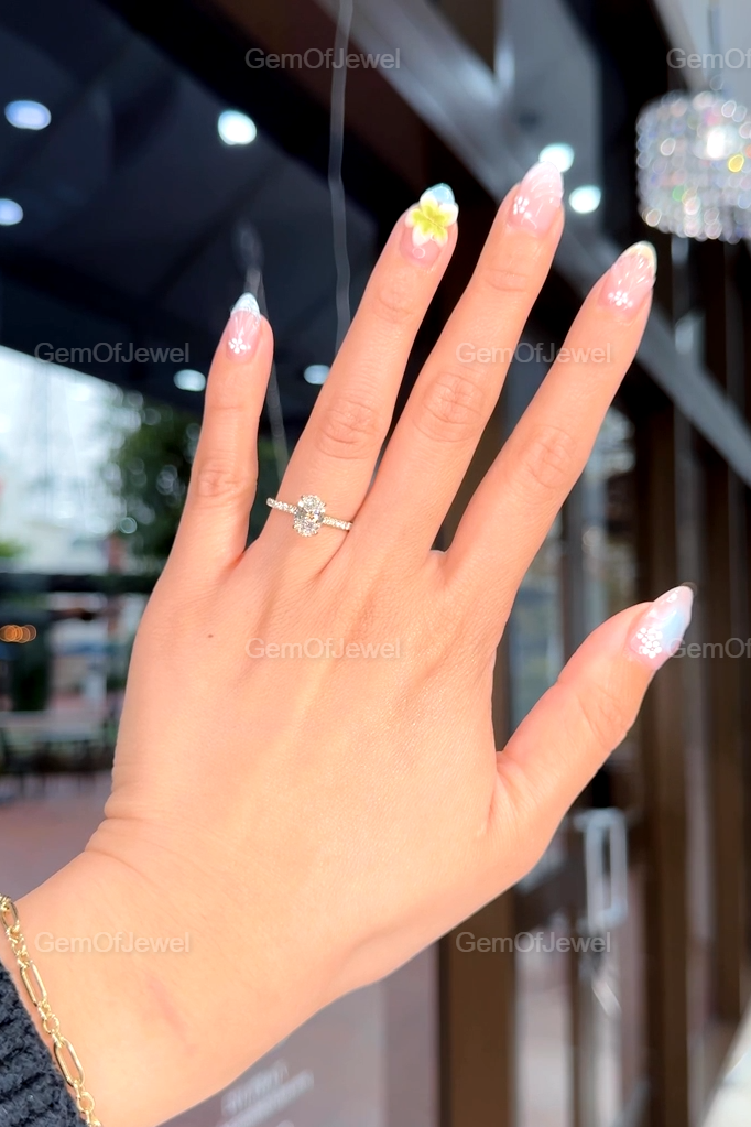 1CT Moissanite Diamond Engagement Ring, Oval Cut With Side Stones And Hidden Halo Diamond Ring, Oval Moissanite Diamond Anniversary Ring