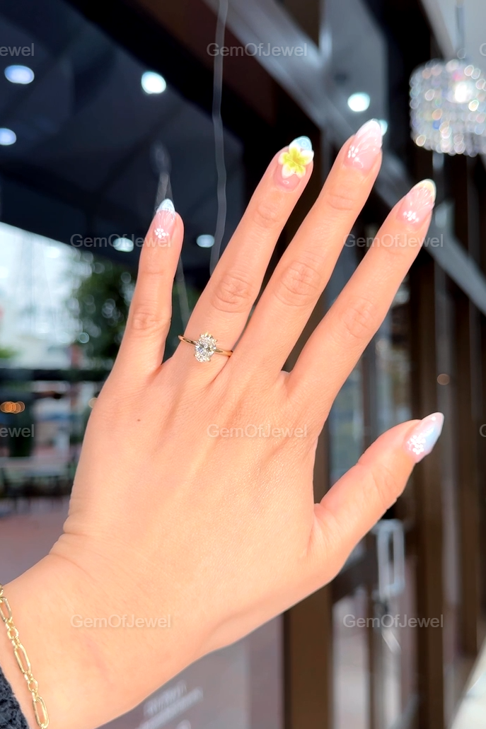 Oval Moissanite Diamond Ring 1.5CT Oval Moissanite Engagement Ring With Hidden Halo Diamond On Solitaire Band Ring, Oval Diamond Ring