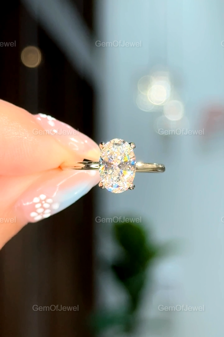 Oval Moissanite Diamond Ring 1.5CT Oval Moissanite Engagement Ring With Hidden Halo Diamond On Solitaire Band Ring, Oval Diamond Ring