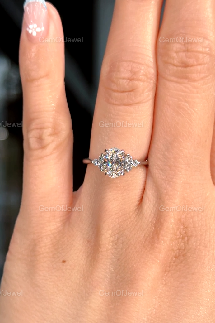 Oval Cut Moissanite Diamond with Side Round Cut Moissanite Engagement Ring, Oval Diamond Ring with Round Diamonds, 1ct Oval Moissanite Ring