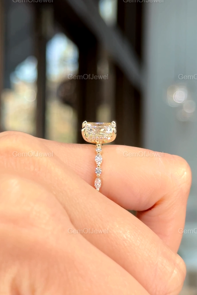 Radiant Diamond Moissanite Vintage Ring With Halo Of Round And Marquise Moissanite Diamond And Bubble Band, Radiant Moissanite Halo Ring