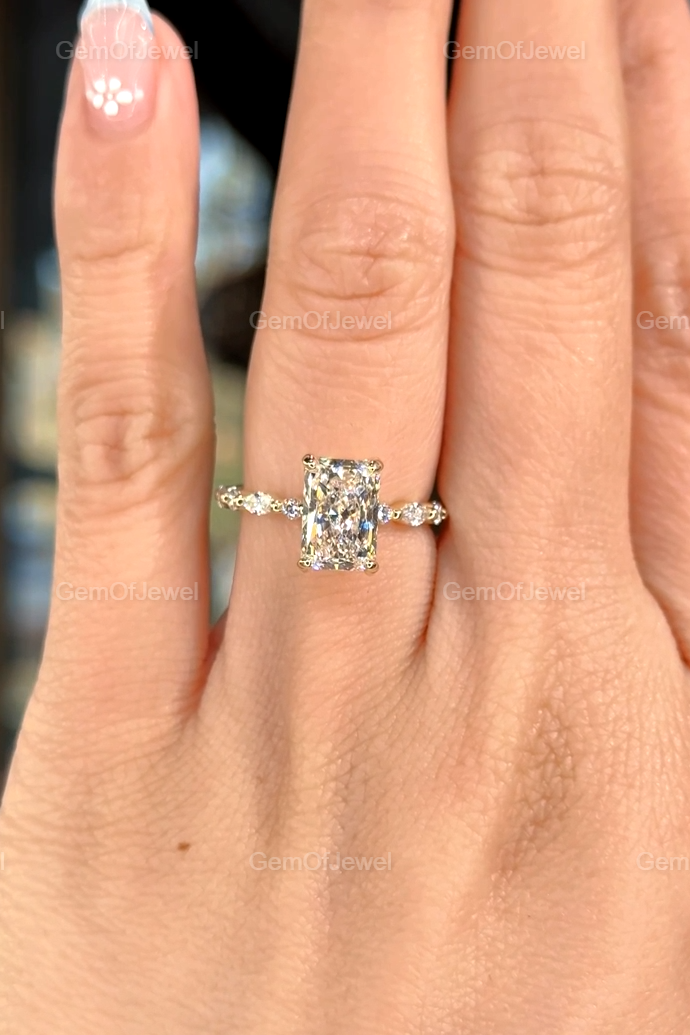 Radiant Diamond Moissanite Vintage Ring With Halo Of Round And Marquise Moissanite Diamond And Bubble Band, Radiant Moissanite Halo Ring