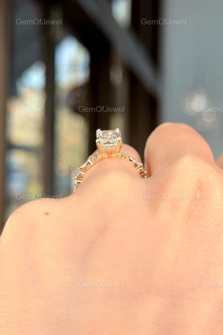 Radiant Diamond Moissanite Vintage Ring With Halo Of Round And Marquise Moissanite Diamond And Bubble Band, Radiant Moissanite Halo Ring