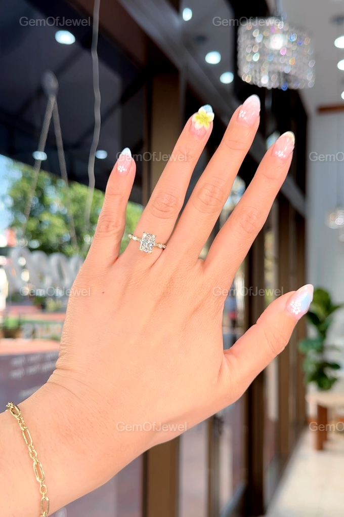 Radiant Diamond Moissanite Vintage Ring With Halo Of Round And Marquise Moissanite Diamond And Bubble Band, Radiant Moissanite Halo Ring