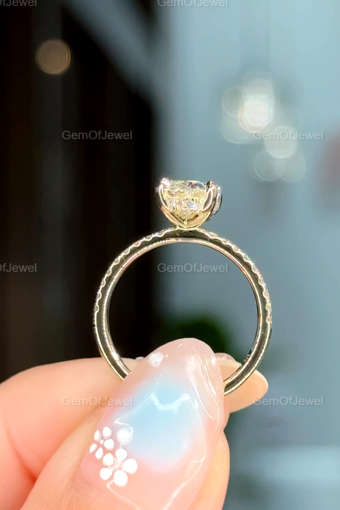 2CT Oval Cut Moissanite Diamond Ring With Hidden Halo And Round Pave Set Eternity Diamonds Wedding Band, Oval Diamond Engagement Ring