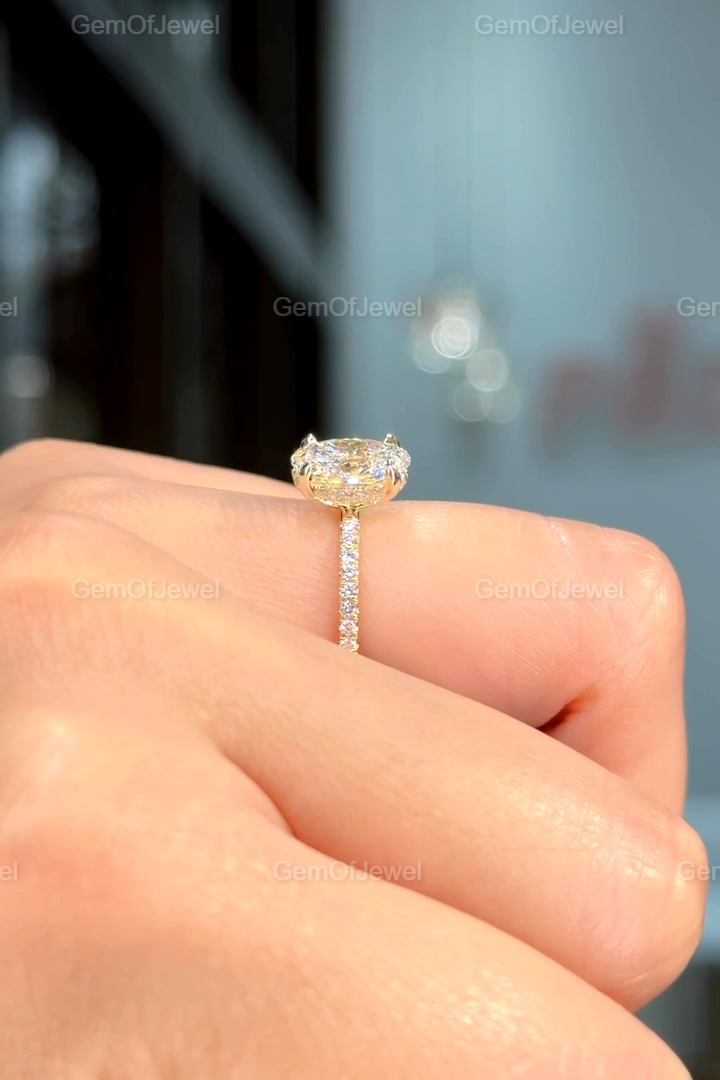 2CT Oval Cut Moissanite Diamond Ring With Hidden Halo And Round Pave Set Eternity Diamonds Wedding Band, Oval Diamond Engagement Ring