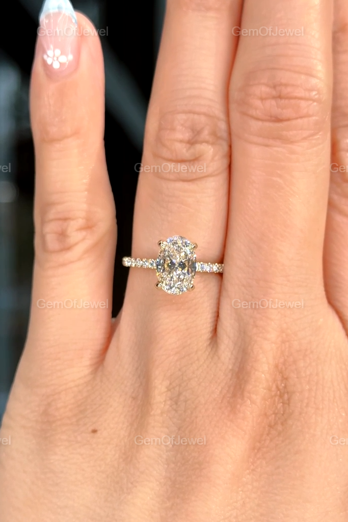 2CT Oval Cut Moissanite Diamond Ring With Hidden Halo And Round Pave Set Eternity Diamonds Wedding Band, Oval Diamond Engagement Ring