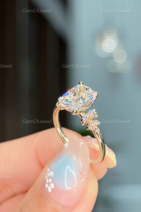 2CT Cushion Diamond Moissanite Ring With Side Round Moissanite Diamond, 2CT Diamond Ring For Her, Cluster Setting Ring, 2CT Cushion Ring