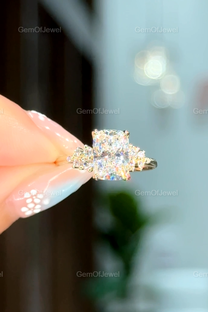 2CT Cushion Diamond Moissanite Ring With Side Round Moissanite Diamond, 2CT Diamond Ring For Her, Cluster Setting Ring, 2CT Cushion Ring
