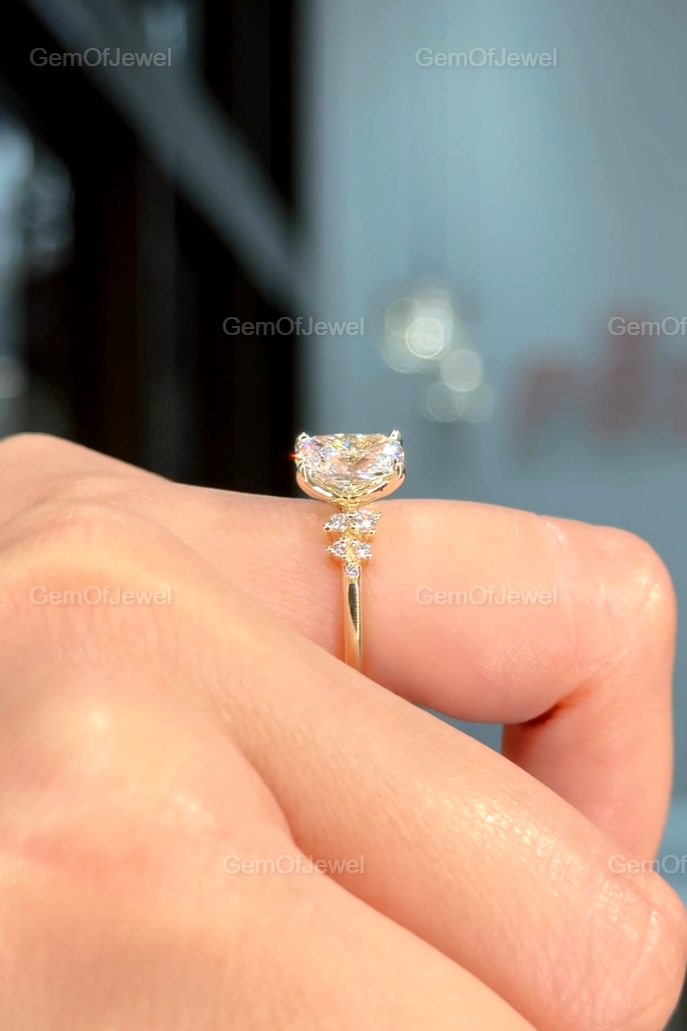 2CT Cushion Diamond Moissanite Ring With Side Round Moissanite Diamond, 2CT Diamond Ring For Her, Cluster Setting Ring, 2CT Cushion Ring