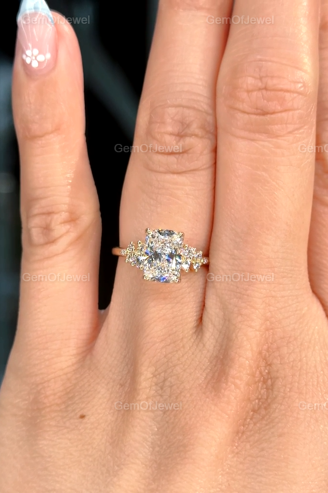 2CT Cushion Diamond Moissanite Ring With Side Round Moissanite Diamond, 2CT Diamond Ring For Her, Cluster Setting Ring, 2CT Cushion Ring