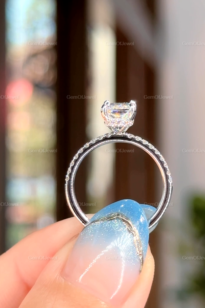 Radiant Moissanite Diamond With Halo Of Round Moissanite Diamond Ring For Her Or Engagement Ring, Radiant Moissanite Diamond Ring For Her