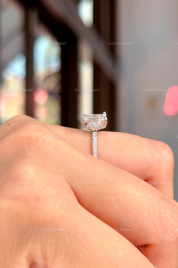 Radiant Moissanite Diamond With Halo Of Round Moissanite Diamond Ring For Her Or Engagement Ring, Radiant Moissanite Diamond Ring For Her