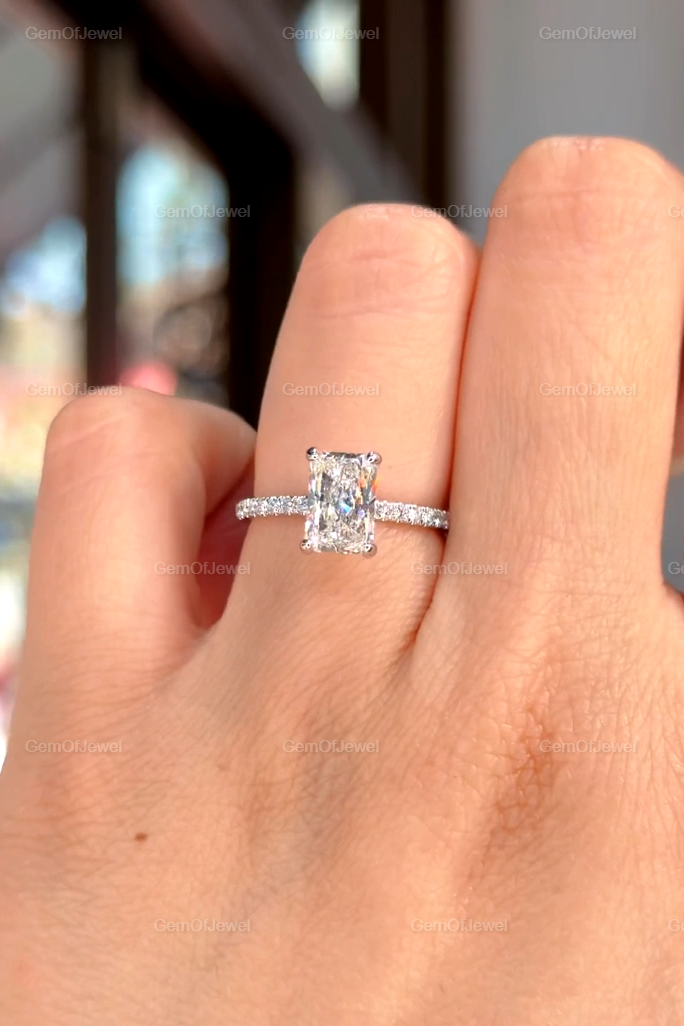 Radiant Moissanite Diamond With Halo Of Round Moissanite Diamond Ring For Her Or Engagement Ring, Radiant Moissanite Diamond Ring For Her