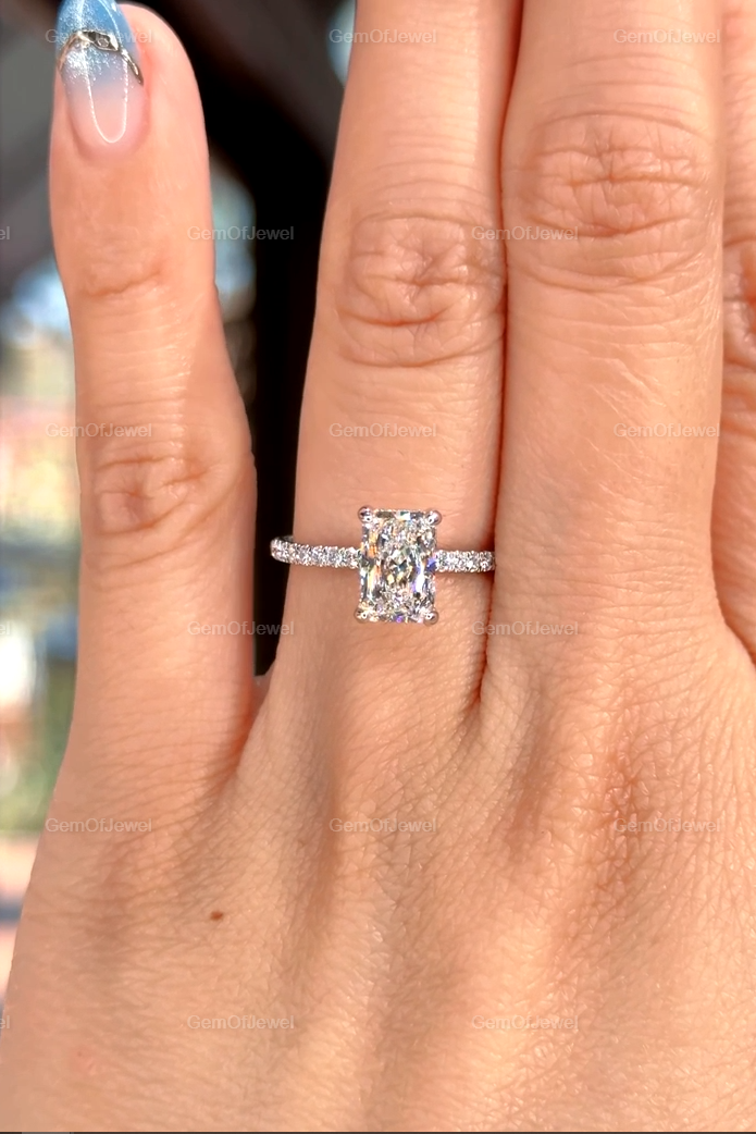 Radiant Moissanite Diamond With Halo Of Round Moissanite Diamond Ring For Her Or Engagement Ring, Radiant Moissanite Diamond Ring For Her
