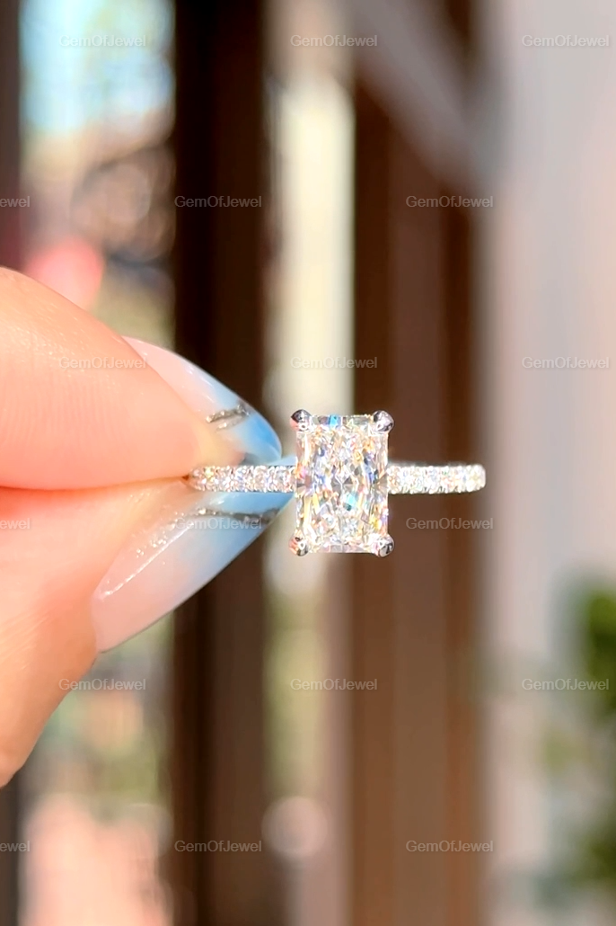 Radiant Moissanite Diamond With Halo Of Round Moissanite Diamond Ring For Her Or Engagement Ring, Radiant Moissanite Diamond Ring For Her