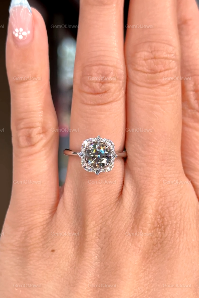 Round Moissanite Diamond 1.50CT Diamond With Flower Shape Halo of Round Moissanite Engagement Ring, With Lotus Prong Halo Diamond Ring