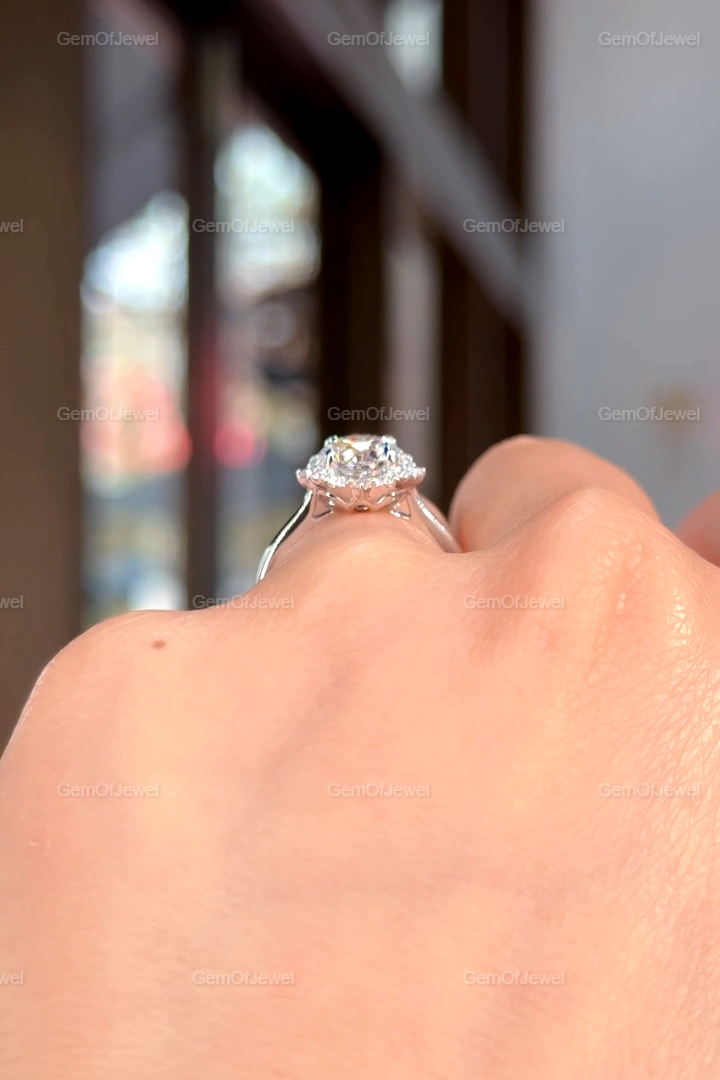 Round Moissanite Diamond 1.50CT Diamond With Flower Shape Halo of Round Moissanite Engagement Ring, With Lotus Prong Halo Diamond Ring