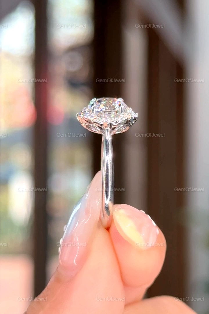 Round Moissanite Diamond 1.50CT Diamond With Flower Shape Halo of Round Moissanite Engagement Ring, With Lotus Prong Halo Diamond Ring