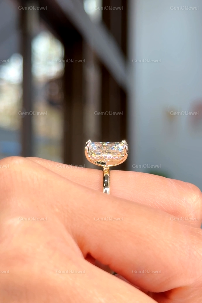 Hidden Halo Radiant Cut Solitaire Ring, 4 CT Radiant Cut Moissanite Diamond Ring, 14K Solid Yellow Gold Engagement Ring, Dainty Promise Ring