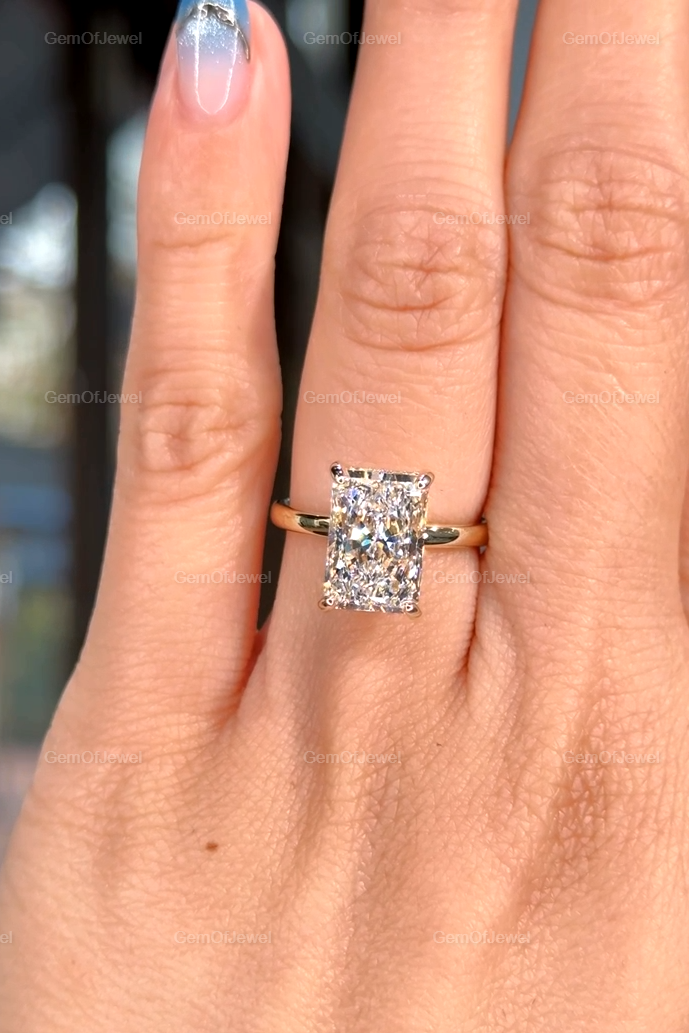 Hidden Halo Radiant Cut Solitaire Ring, 4 CT Radiant Cut Moissanite Diamond Ring, 14K Solid Yellow Gold Engagement Ring, Dainty Promise Ring