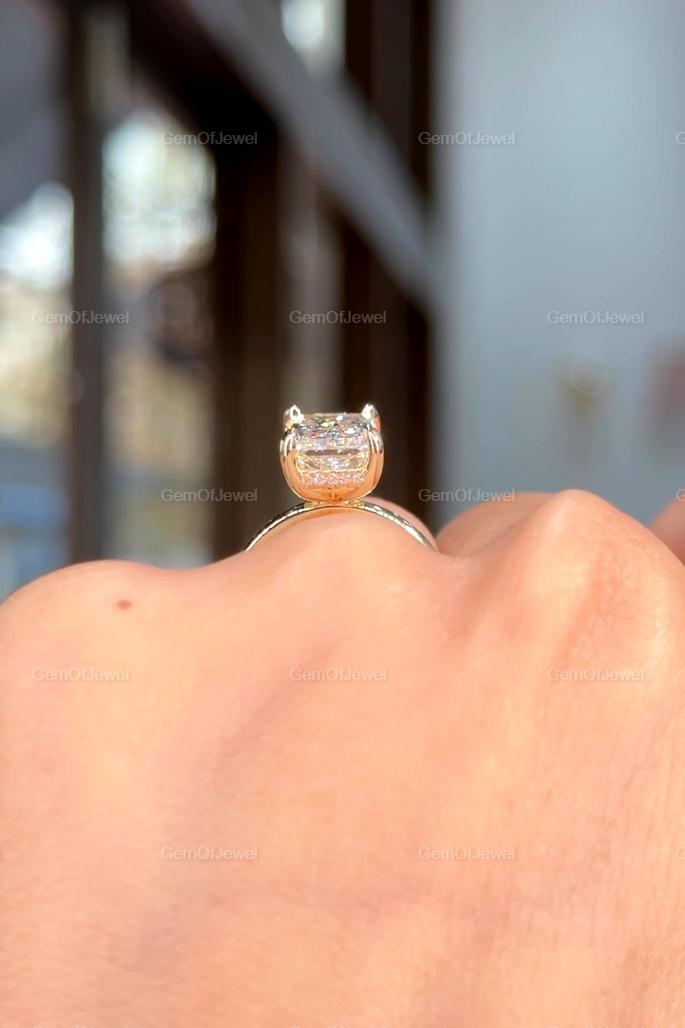 Hidden Halo Radiant Cut Solitaire Ring, 4 CT Radiant Cut Moissanite Diamond Ring, 14K Solid Yellow Gold Engagement Ring, Dainty Promise Ring