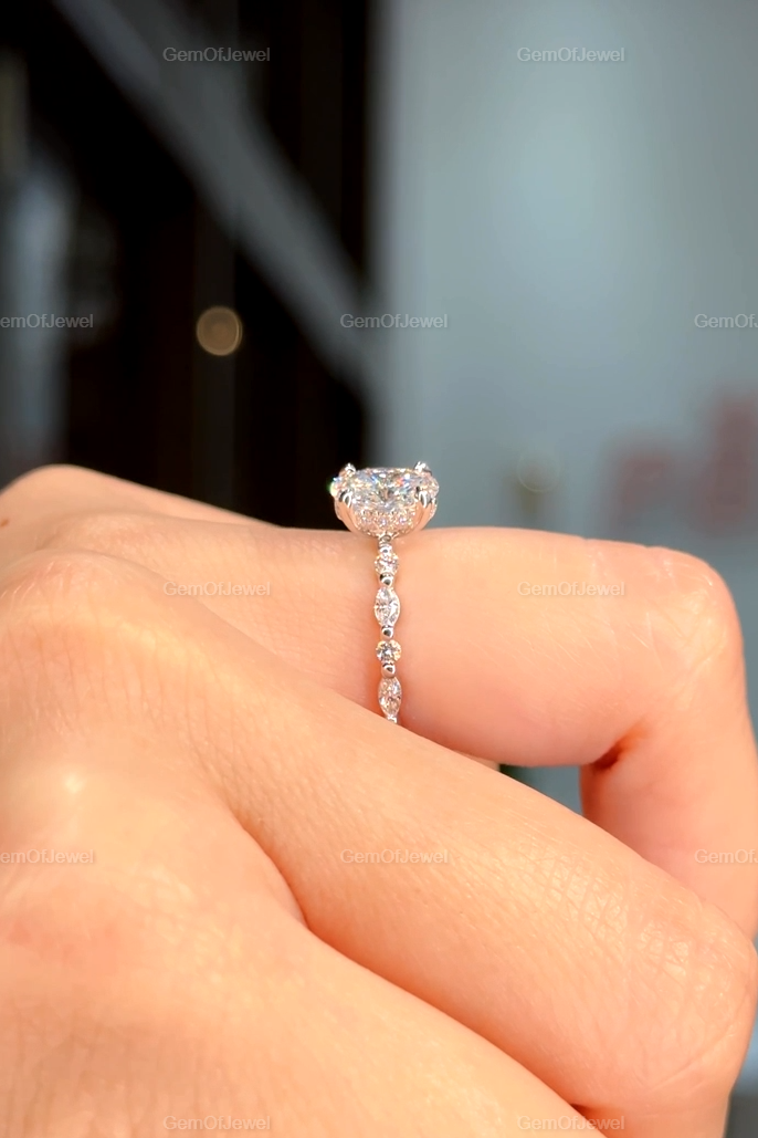 1ct Oval Moissanite Diamond Engagement Ring With Side Stone Marquise And Round Moissanite 14K Gold Hidden Halo Ring, Oval Bubble Band Ring