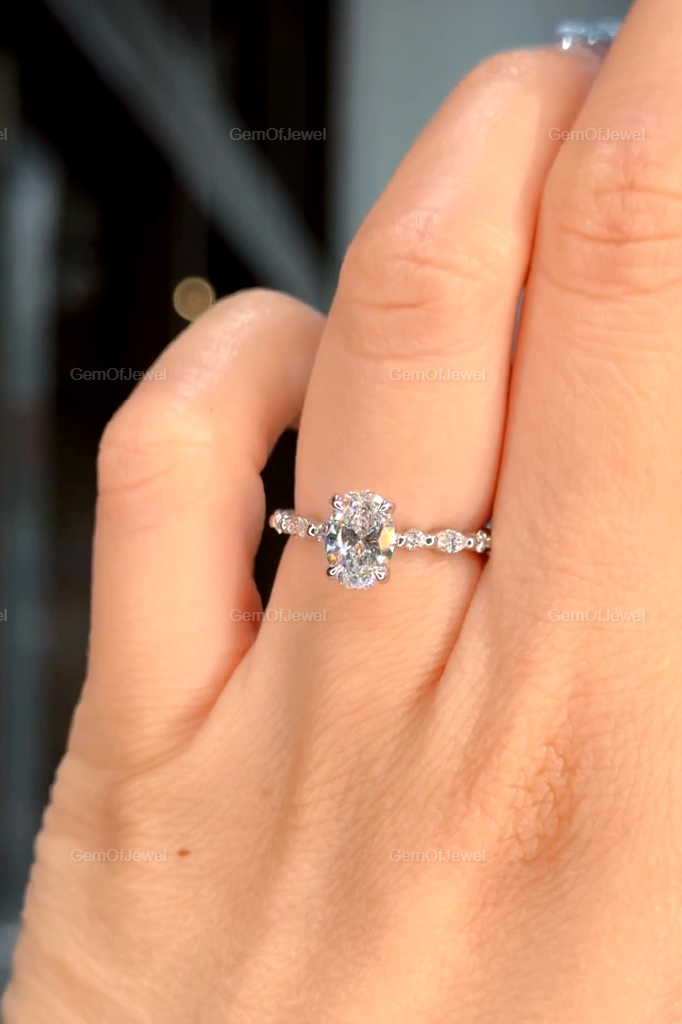 1ct Oval Moissanite Diamond Engagement Ring With Side Stone Marquise And Round Moissanite 14K Gold Hidden Halo Ring, Oval Bubble Band Ring