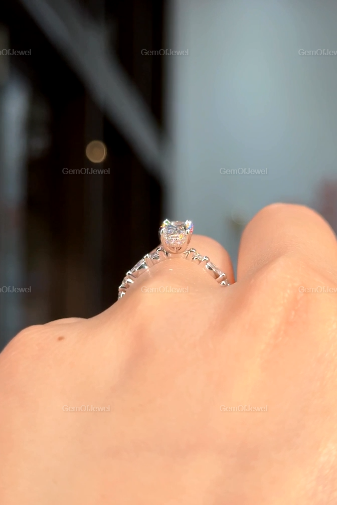 1ct Oval Moissanite Diamond Engagement Ring With Side Stone Marquise And Round Moissanite 14K Gold Hidden Halo Ring, Oval Bubble Band Ring