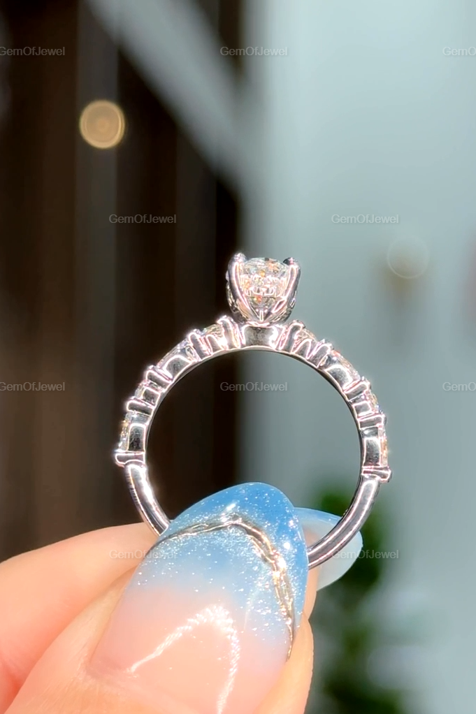 1ct Oval Moissanite Diamond Engagement Ring With Side Stone Marquise And Round Moissanite 14K Gold Hidden Halo Ring, Oval Bubble Band Ring