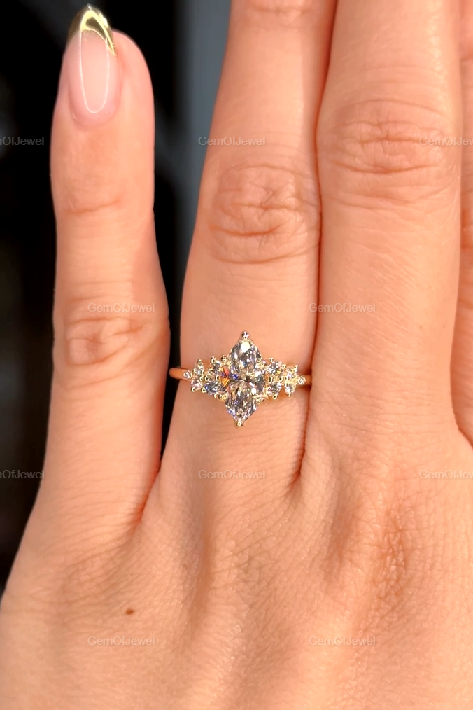 1CT Marquise Diamond Moissanite Ring With Side Round Moissanite Diamond, 1CT Diamond Ring For Her, Cluster Setting Ring, 1CT Marquise Ring