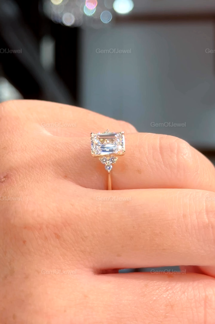 Emerald Moissanite Engagement Ring, Three Stone Wedding Ring With Side Round Diamond Ring, 2 CT Emerald Moissanite Diamond Solitaire Ring