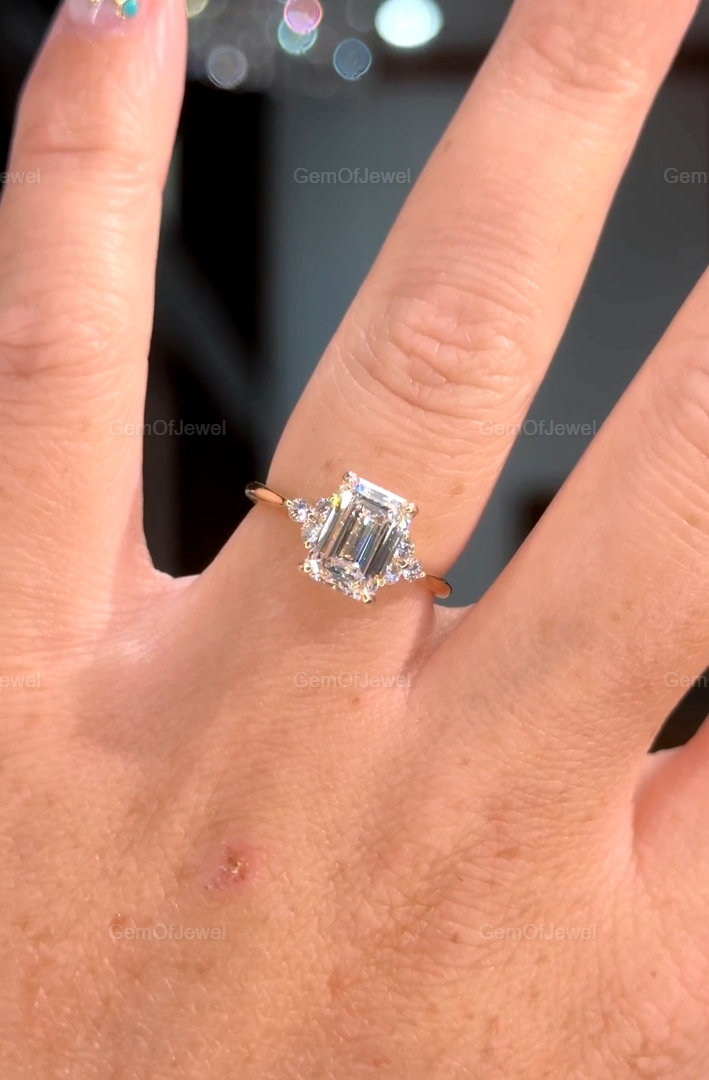 Emerald Moissanite Engagement Ring, Three Stone Wedding Ring With Side Round Diamond Ring, 2 CT Emerald Moissanite Diamond Solitaire Ring