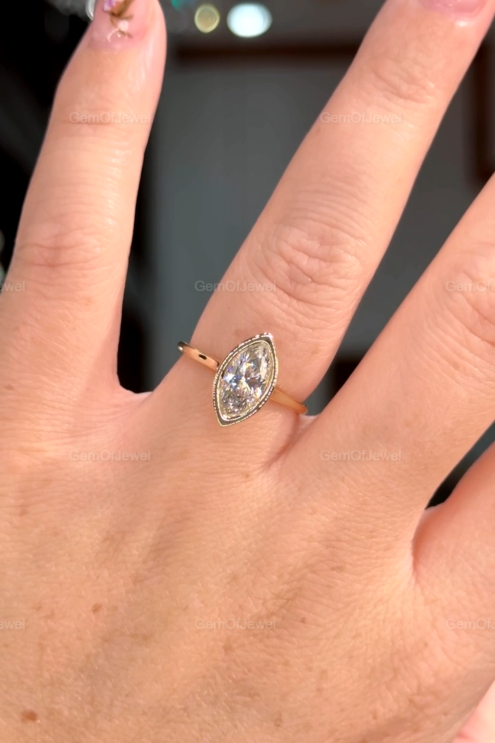 1CT Marquise Moissanite Diamond Engagement Ring, Bezel Set Marquise, Bezel Set Moissanite Ring, Marquise Solitaire Ring, Gift For Her