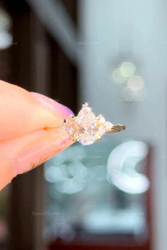 1.5 CT Pear Moissanite Engagement Ring With Side Diamond Cluster, Pear Cut Moissanite Ring, 14K Yellow Gold Moissanite Ring, 1.5CT Pear Ring