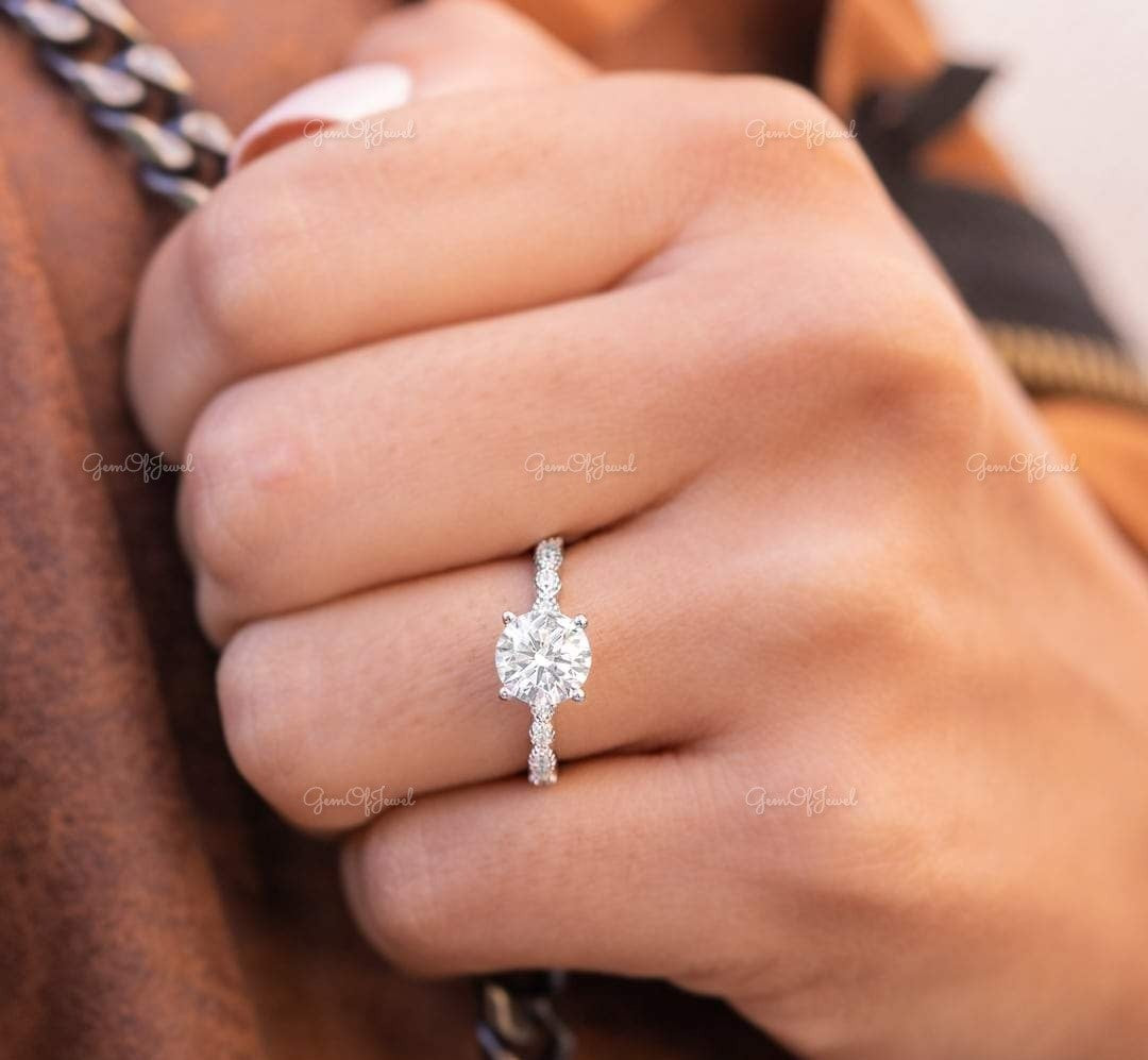 Round Moissanite Diamond Milgrain Vintage Gold Ring Moissanite Diamond Ring For Her, engagement Ring For Her, Milgrain Engagement Ring