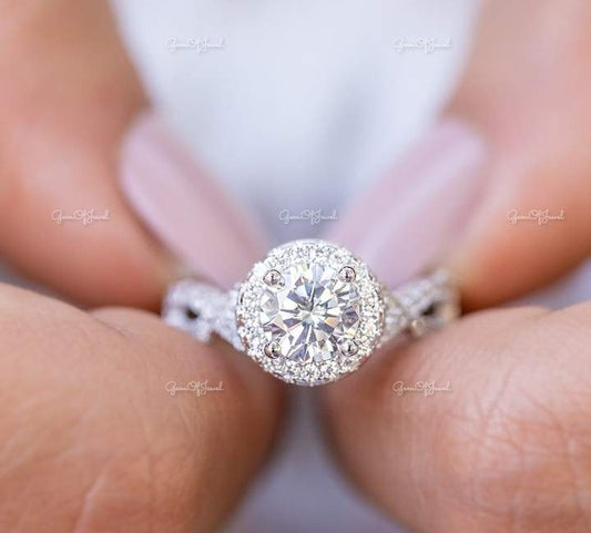 1.2 CT Round Moissanite Diamond Infinity Inspired Ring With Halo And  Pave Diamond Eternity For Her , Engagement Ring, Round Diamond Ring