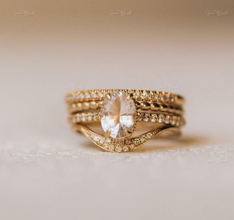 Oval Moissanite Diamond 1.2 ct With Three Stackable bands Of Round Moissanite diamond Band With 3/4th Eternity Engagement Ring And Band Set