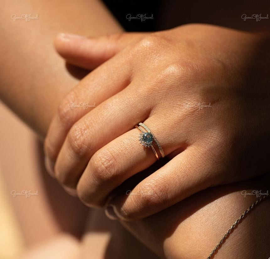 Round Sapphire Diamond Lab Synthetic 1 CT With Round Moissanite diamond Band Blue Center Stone With 3/4th Eternity Band Engagement Ring