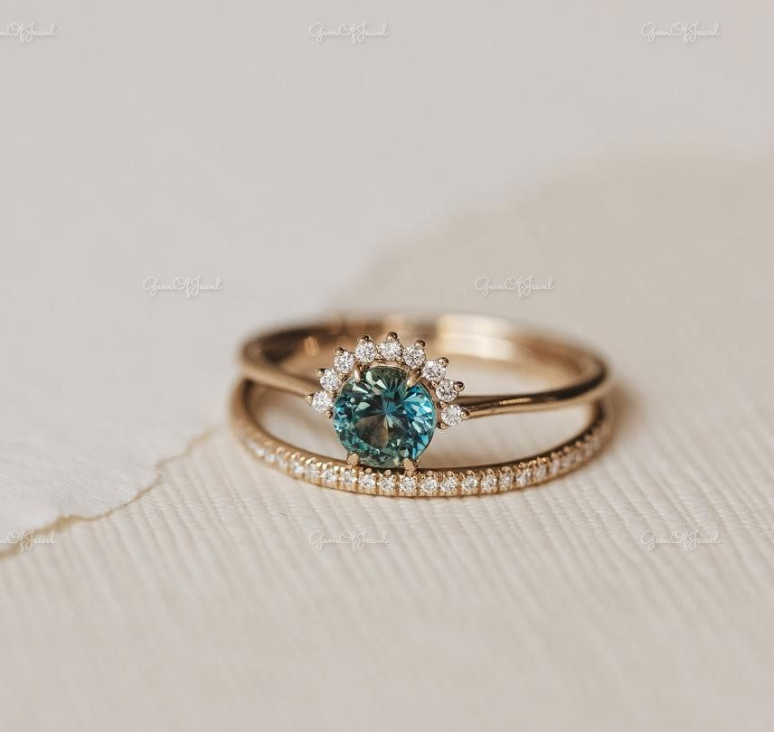 Round Sapphire Diamond Lab Synthetic 1 CT With Round Moissanite diamond Band Blue Center Stone With 3/4th Eternity Band Engagement Ring