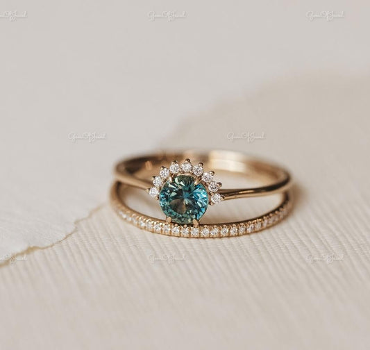 Round Sapphire Diamond Lab Synthetic 1 CT With Round Moissanite diamond Band Blue Center Stone With 3/4th Eternity Band Engagement Ring