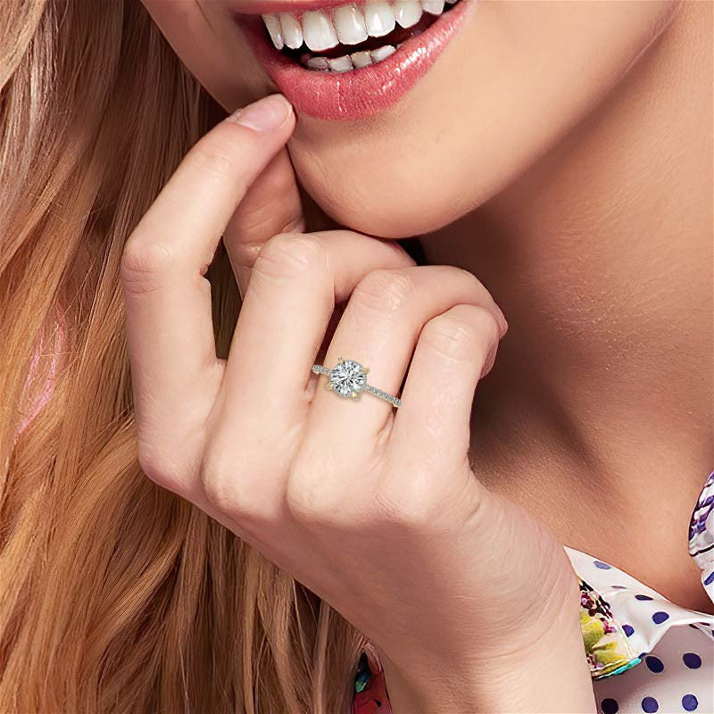 Round Moissanite Diamond 2CT With Halo Diamonds Under Prong Pave Style Colorless Moissanite Center Stone With Moissanite Side Stones Ring