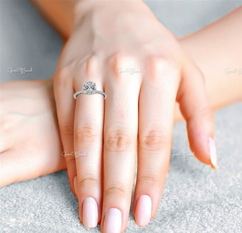 Round Moissanite Diamond With Diamond On Bridge And Pave Diamond On Eternity , Round Moissanite Engagement Ring For Her, Round Diamond ring