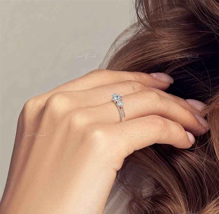 2 CT Round Moissanite Diamond With Side Round Moissanite Diamond Three Stone Engagement Ring With Pave Diamond Moissanite Ring For Her