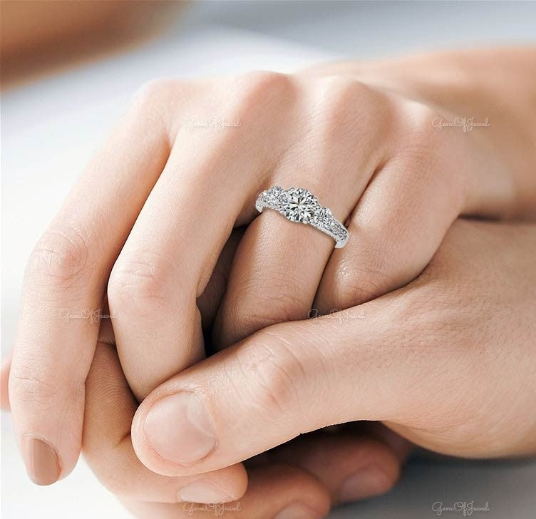 2 CT Round Moissanite Diamond With Side Round Moissanite Diamond Three Stone Engagement Ring With Pave Diamond Moissanite Ring For Her