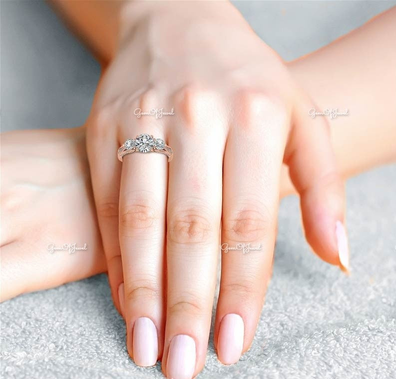 2 CT Round Moissanite Diamond With Side Round Moissanite Diamond Three Stone Engagement Ring With Pave Diamond Moissanite Ring For Her