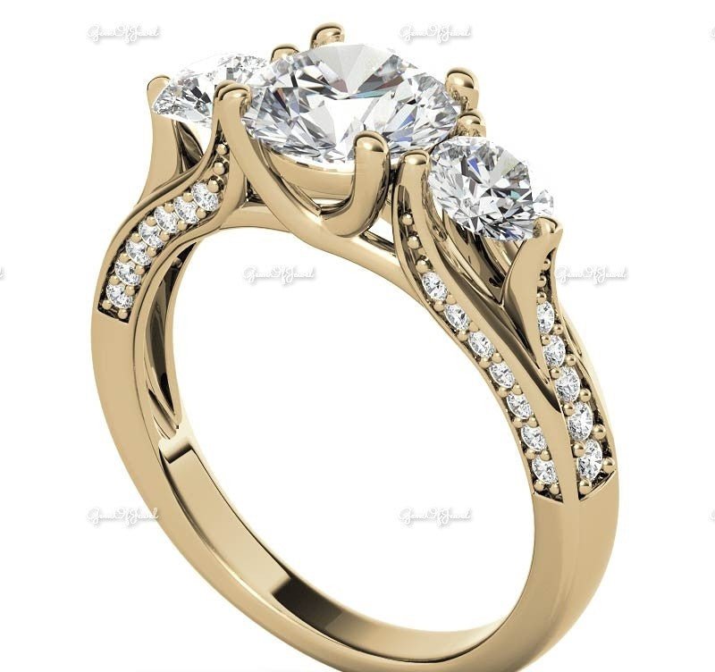 2 CT Round Moissanite Diamond With Side Round Moissanite Diamond Three Stone Engagement Ring With Pave Diamond Moissanite Ring For Her