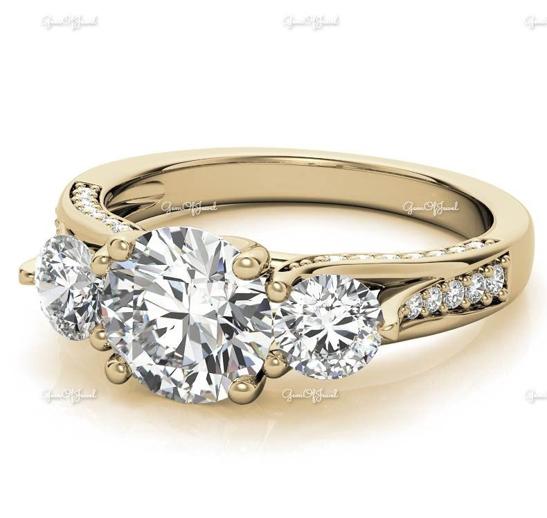 2 CT Round Moissanite Diamond With Side Round Moissanite Diamond Three Stone Engagement Ring With Pave Diamond Moissanite Ring For Her