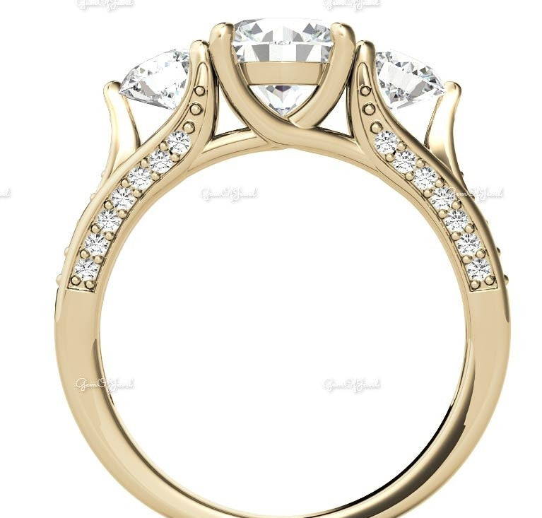 2 CT Round Moissanite Diamond With Side Round Moissanite Diamond Three Stone Engagement Ring With Pave Diamond Moissanite Ring For Her
