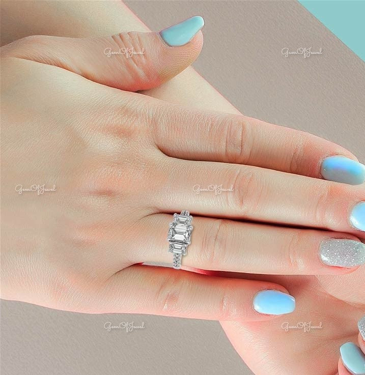 Emerald Moissanite Diamond With Side Emerald Cut Moissanite Three Stone Moissanite Diamond Engagement Ring, Three Stone Diamond Ring For Her